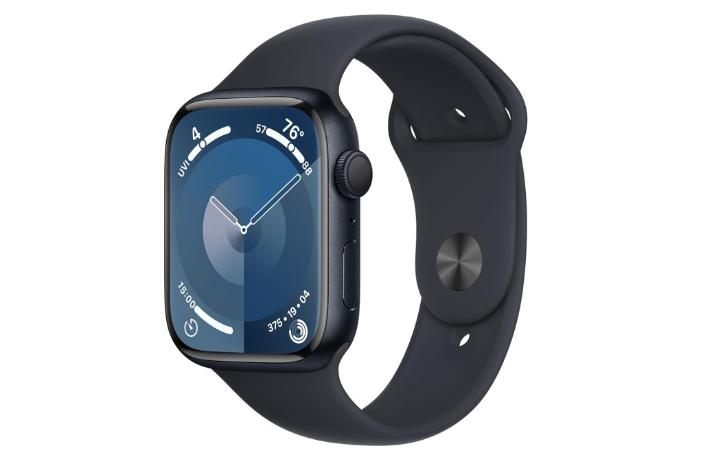 A smart watch with a black band