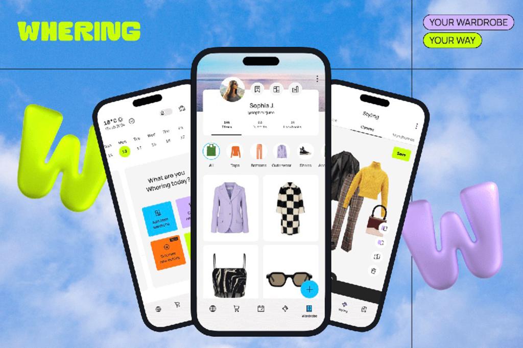 A collage of different clothing items displayed on cell phones using Whering app