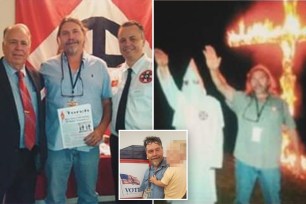 Missouri gubernatorial candidate in front of a Nazi flag, and next to a KKK member in front of a burning cross.