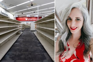 A woman in a red dress in a store