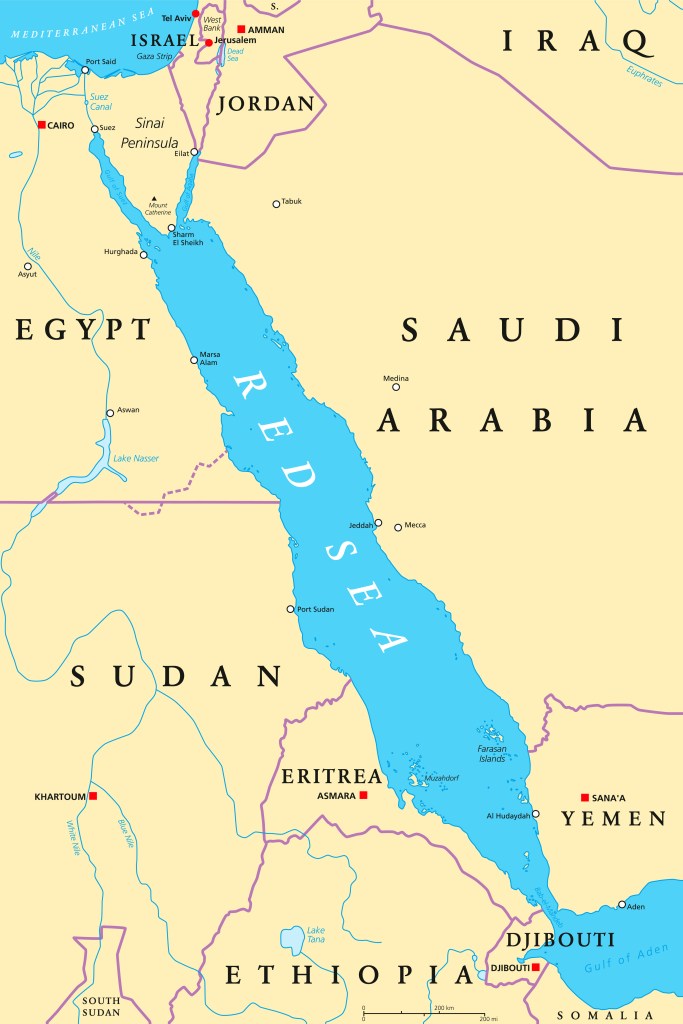 Red Sea political map showing borders of surrounding countries and sea boundaries.