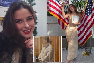 Ksenia Karelina, 32 (left and right), has penned a moving letter to her boyfriend, professional boxer Chris Van Heerden, revealing the harsh conditions in which she is being held in Yekaterinburg, Russia (inset), while facing a charge of treason