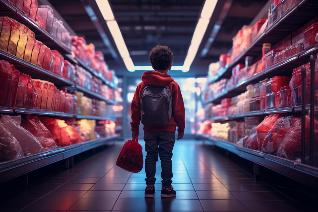 A young kid in a supermarket aisle.