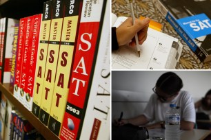 SAT prep books on the left, students taking the tests on the right.