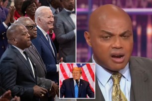 Charles Barkley (right) argued that President Biden (left) and his fellow Democrats only visit black neighborhoods and make empty promises before elections, leaving some disillusioned voters looking to Donald Trump (center)