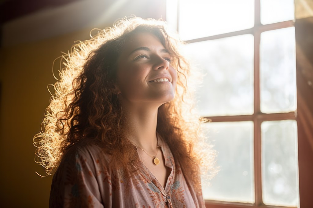 A woman smiling with sunlight shining through her eyes.