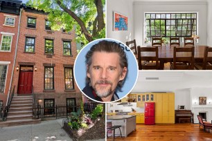 Inset of Ethan Hawke over shots of his old townhouse.