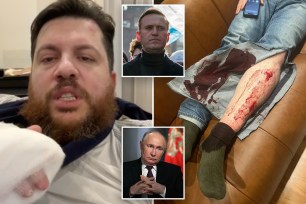 Leonid Volkov (left), a close associate of Alexei Navalny (top inset), was assaulted with a hammer outside his home in Lithuania, leaving him with a broken arm and bruised leg (right). The exiled Russian opposition figure blamed the attack on Vladimir Putin's (bottom inset) cohorts