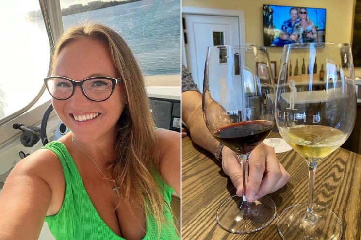 a woman taking a selfie with wine glasses