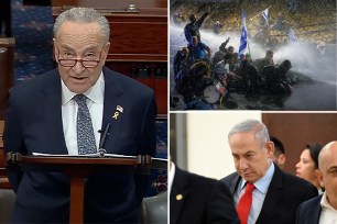 Schumer on left, with inset of Netanyahu on right