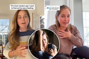 (Main) Screenshots of TikTok user Megan Mcgee, from Savannah, Georgia. (Inset) Distressed woman looking at her phone.