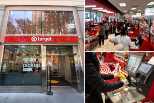 Target storefront, target stores' self-checkout scanners and customers, customer scanning item at target self-checkout stall.