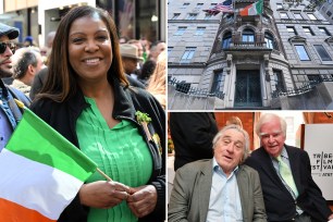 A woman holding a flag and a man in a suit, featuring Letitia James and Robert De Niro.