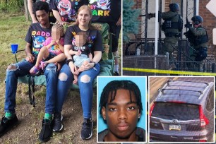 Andre Gordon, Taylor Daniel and their two kids/Andre Gordon/SWAT officers/ carjacked car