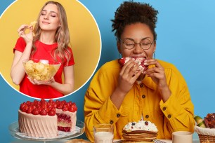 a collage of a woman eating a strawberry and a woman smiling.