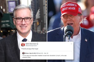 Former MSNBC host Keith Olbermann (left) joked about the prospect of Donald Trump (right) getting assassinated in reaction to his recent campaign speech in which he claimed to have been treated worst than Abraham Lincoln