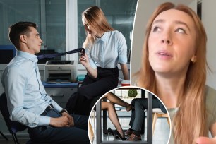 (Right) Flirty coworkers. (Left) TikTok user, dating expert and podcaster Molly, from London. (Inset) Coworkers playing footsie.