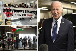 biden comp with split of protesters outside of dallas hotel