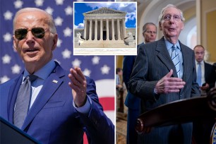 Joe Biden, Mitch McConnell, and John Thune in suits and sunglasses