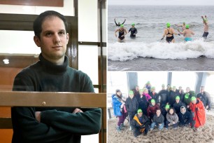 Colleagues of Wall Street Journal reporter Evan Gershkovich take a plunge at Brighton Beach in Brooklyn on Saturday to call for his release as the one-year anniversary of his arrest in Russia nears.