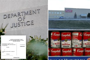 At left, Department of Juctice building exterior with inset of Campbell's lawsuit; top right image of Campbell's Ohio plant; bottom right, Campbell's soup cans on a shelf in grocery store