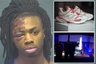 Taber "Turbo" Carter (left), 21, is accused of trying to steal a pair of Balenciaga shoes from a woman trying to sell the designer footwear online. He suffered facial injuries after crashing into a power pole (bottom right)