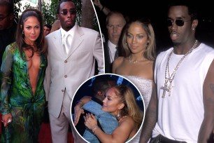 J Lo with Diddy holding hands.