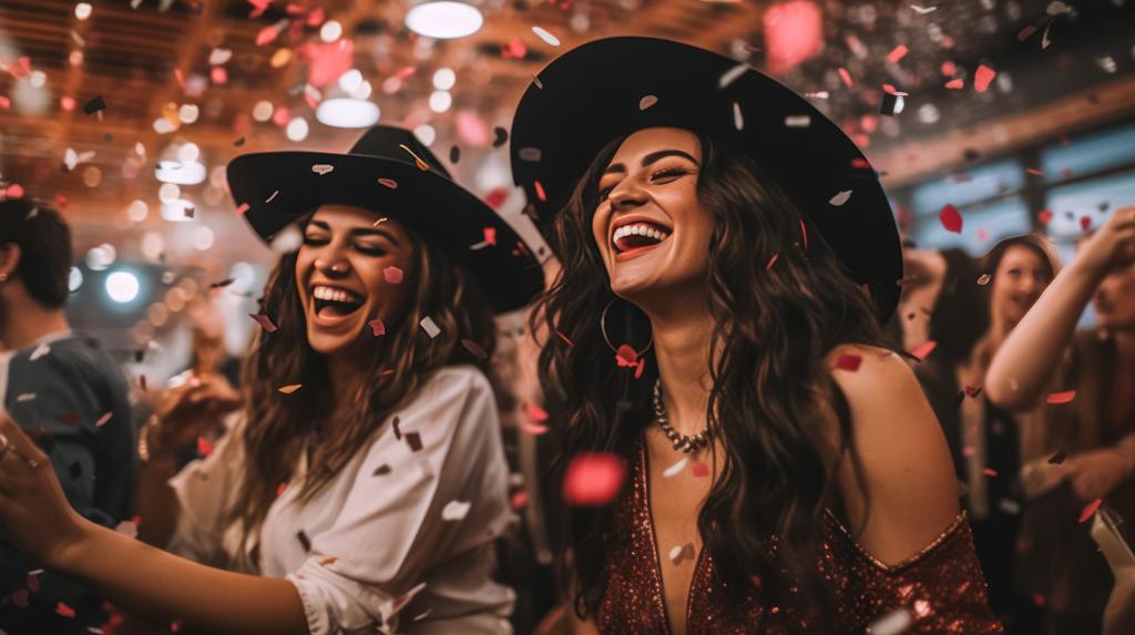 Two joyful women wearing cowboy hats dancing and laughing under falling confetti in a nightclub.
