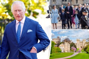 Charles, Prince of Wales, Prince William, Duke of Cambridge, Prince George of Cambridge, and Zara Tindall in formal suit and tie