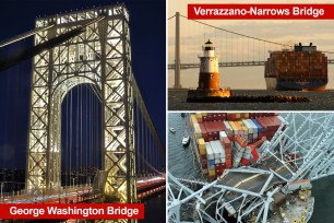 New York's George Washington and Verrazzano-Narrows bridges are among eight massive overpasses in the nation that are vulnerable to a catastrophic collapse similar to Baltimore' Francis Scott Key Bridge, US officials warned.