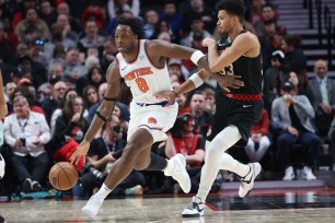 Knicks wing OG Anunoby (8) is out for Monday's game vs. the Warriors due to "injury management."