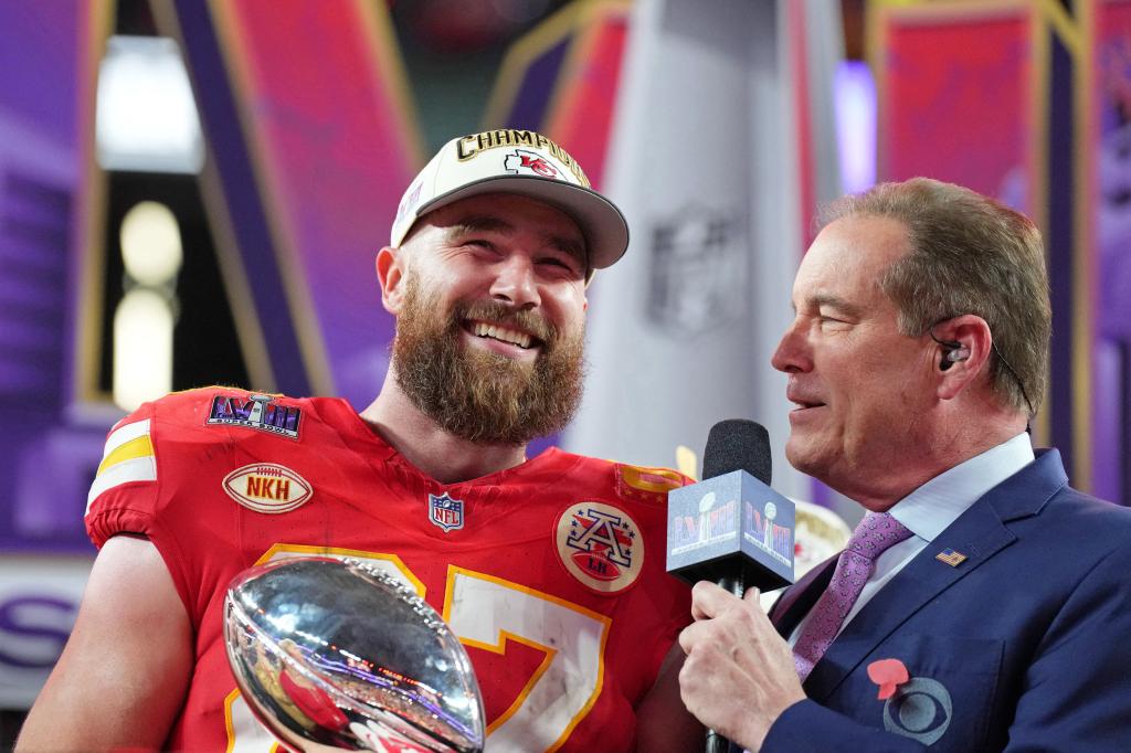 Travis Kelce celebrates the Chiefs' Super Bowl 2024 win on Feb. 11, 2024.