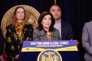 Gov. Kathy Hochul speaks during a press briefing about complaints from the licensed cannabis industry on February 28, 2024 in New York City.