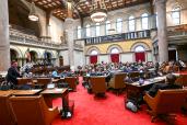 The New York Assembly Chamber is seen as Assembly members return after the regular legislative session ended to work on unfinished business, June 20, 2023, in Albany, New York.