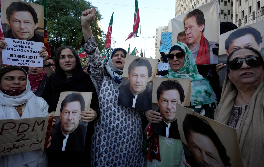 Supporters of Imran Khan chanting slogans during a protest against Pakistan Election Commission in Karachi, Pakistan on March 2, 2024.