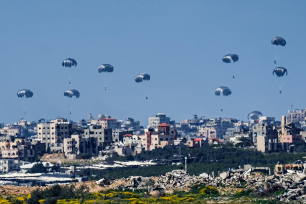 An airdrop of aid into the Gaza Strip on March 10, 2024.