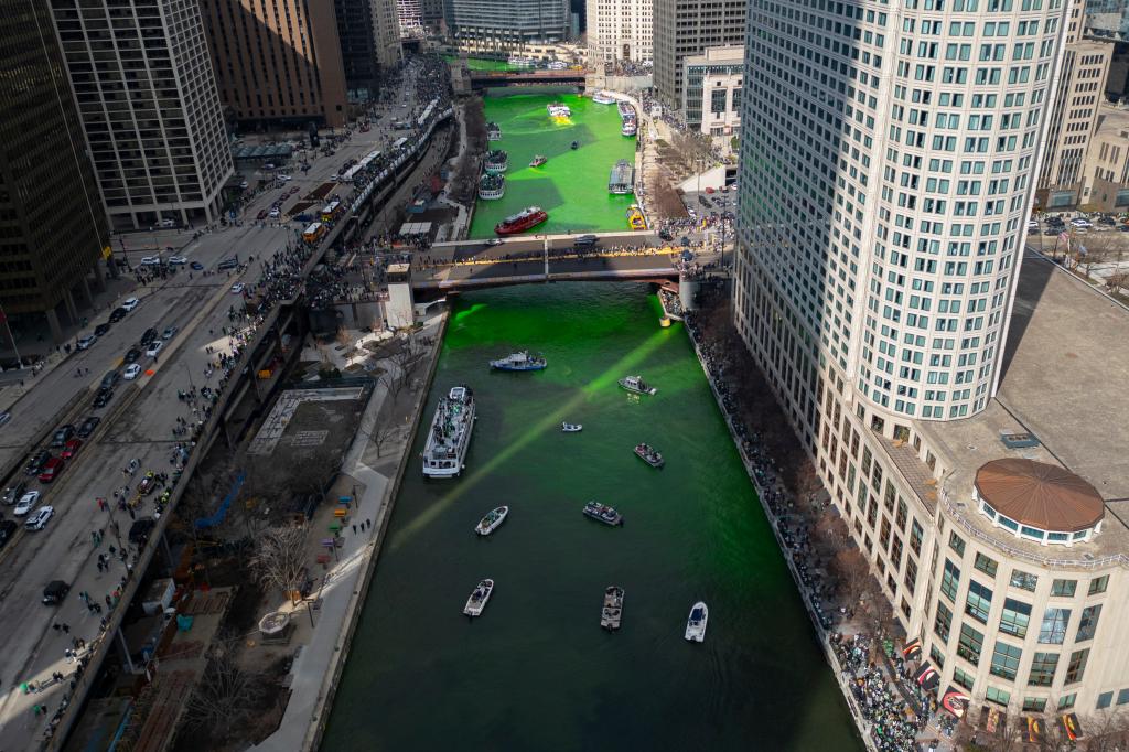 The Chicago River is dyed green ahead of St. Patrick's Day celebrations, Saturday, March 16, 2024, in Chicago. (AP Photo/Erin Hooley)