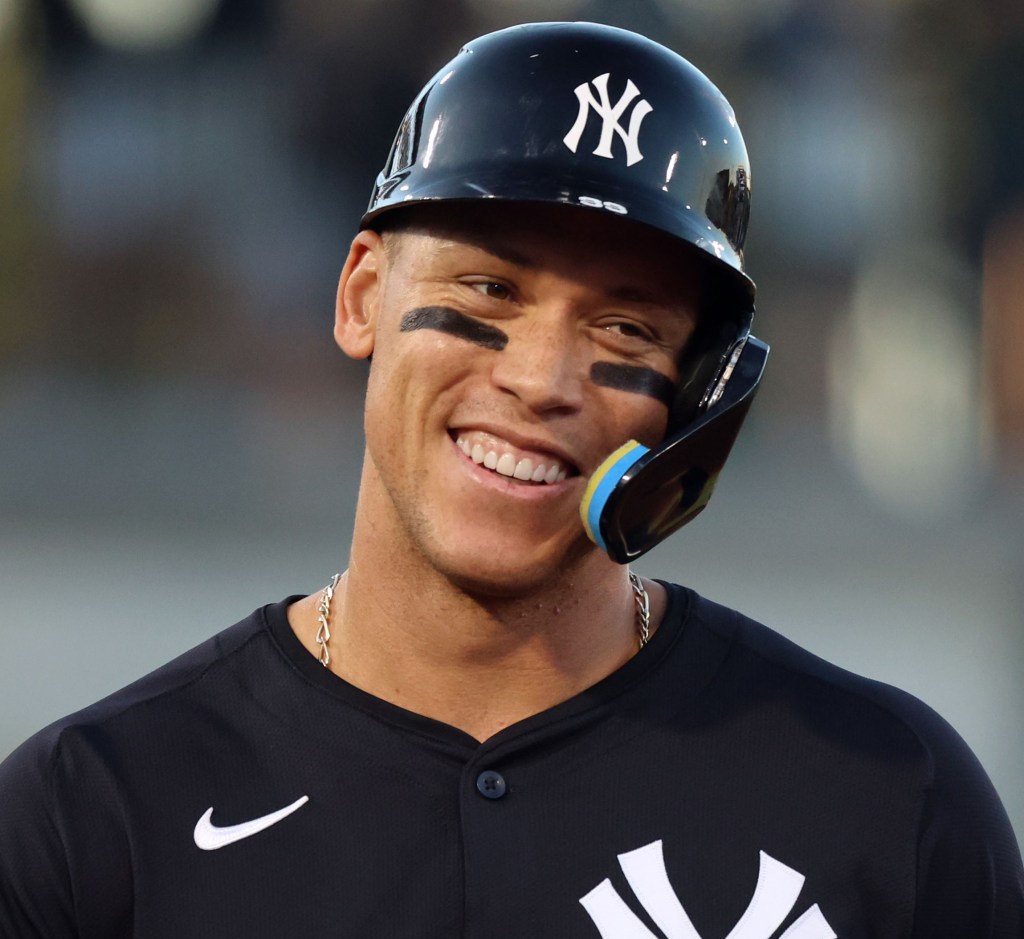 Aaron Judge is all smiles after walking during the Yankees' exhibition win.