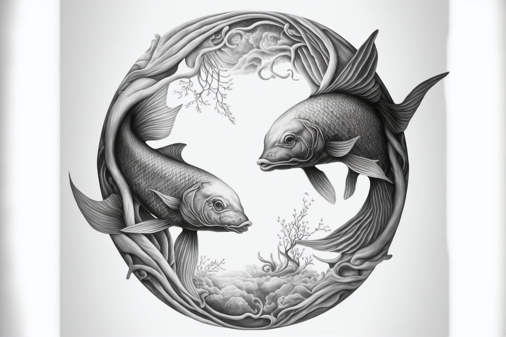 Pisces fish zodiac sign tattoo. Tattoo idea for men or women. Generative AI.