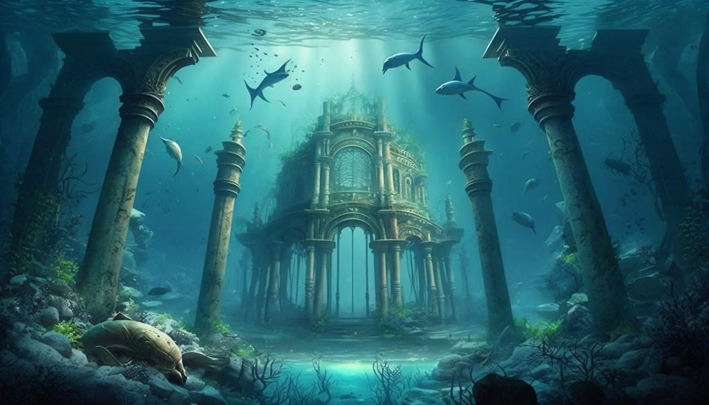 Atlantis underwater scene, magic blue ocean with ancient temple ruins, deep blue sea with mysterious lights (generative AI).