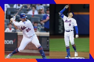 Pete Alonso (L) hits a pitch and Brandon Nimmo points to the sky after stealing a base.