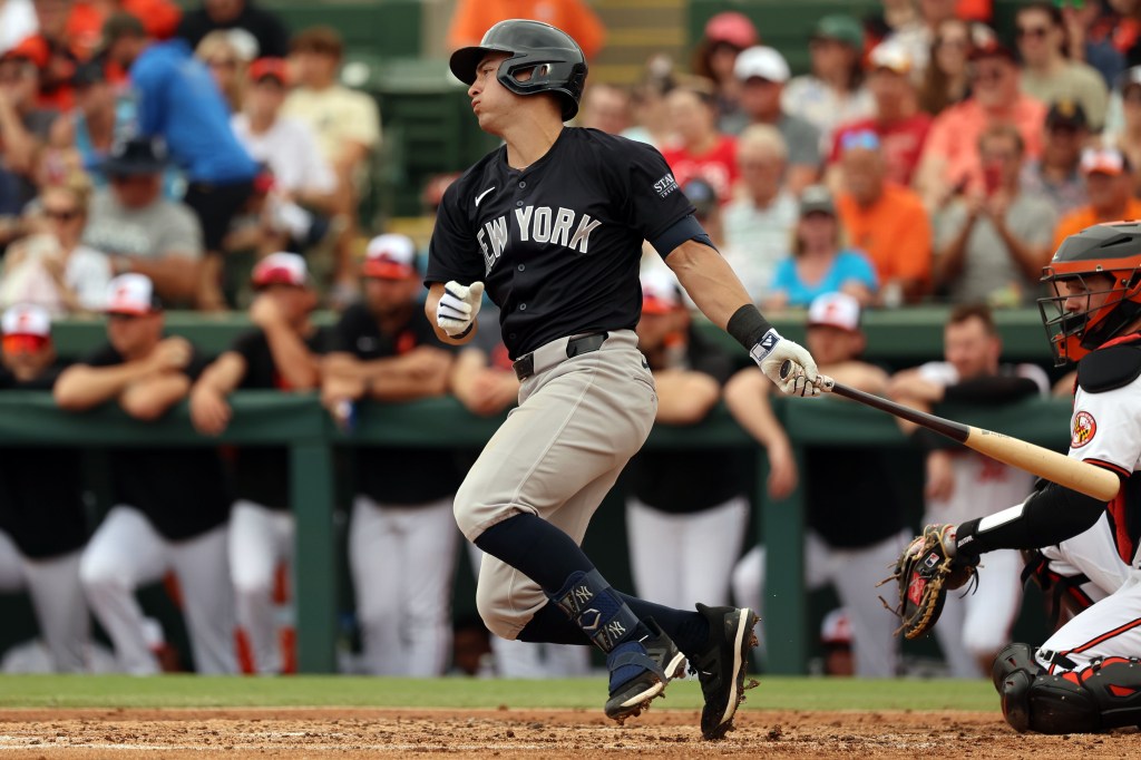 Anthony Volpe rips a single during the Yankees' 7-3 exhibition loss to the Orioles.