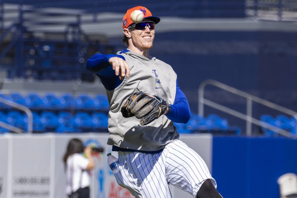 Brett Baty, making a throw during a spring training practice earlier in the season, made two leaping of line drives during the Mets' exhibition tie with the Cardinals.