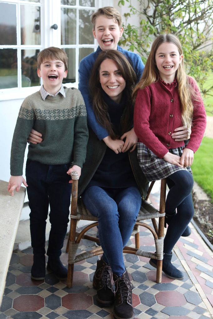 This undated photo issued on Sunday March 10, 2024 by Kensington Palace shows Kate, Princess of Wales with her children, Prince Louis, left, Prince George and Princess Charlotte, taken in Windsor, England, by Prince William in honor of Mother's Day