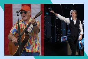 Jimmy Buffett (L) rocks out on guitar; Paul McCartney holds a microphone toward the crowd.