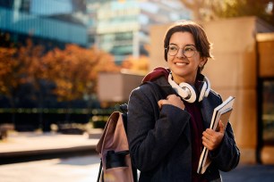 A young woman exploring her college campus.