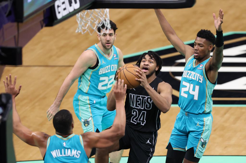 Cam Thomas, who scored a game-high 31 points, goes up for a shot during the Nets' 110-99 loss to the Hornets.