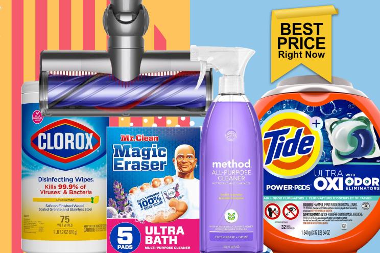 Various cleaning products on a colorful background including Clorox Wipes Magic Erasers Cleaning Spray Tide pods and a vacuum