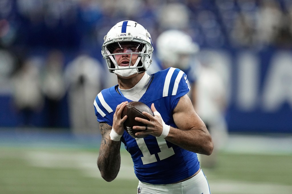 Indianapolis Colts wide receiver Michael Pittman Jr. (11) catches a pass before an NFL football game against the New Orleans Saints, Sunday, Oct. 29, 2023 in Indianapolis.