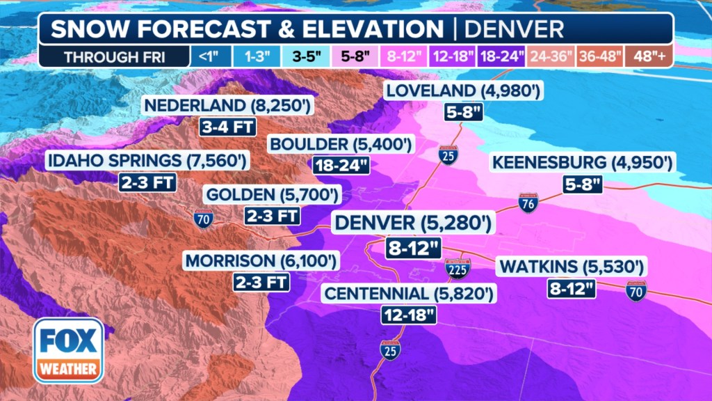 This graphic shows forecast snow totals in the Denver area.